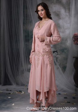 Handkerchief Hem Tea-length Mother Bride Dress in Pink with Appliques