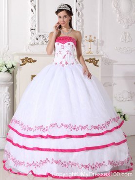 Layered White and Hot Pink Quinceanera Dresses Organza Beading