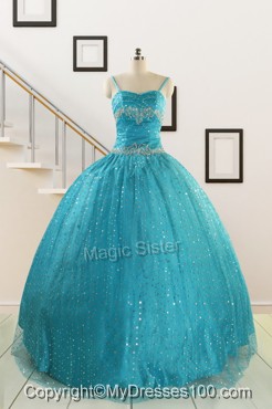 Perfect Spaghetti Straps Appliques Sequins Turquoise Quinceanera Dresses for 2016