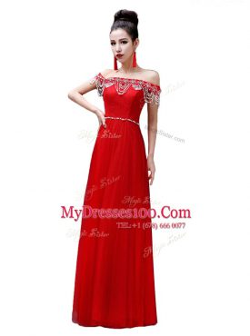 Off the Shoulder Sleeveless Floor Length Beading Lace Up Prom Dresses with Red