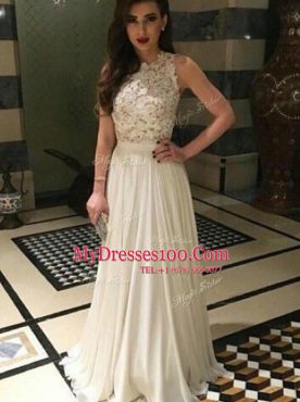 Great Scoop Lace Prom Dresses White Zipper Sleeveless Floor Length