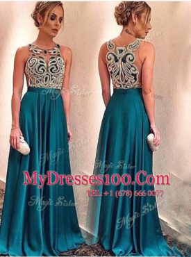 Teal A-line Satin Scoop Sleeveless Appliques Floor Length Zipper Prom Gown