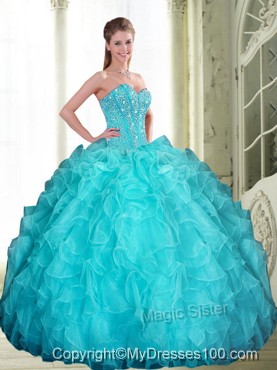 2016 Romantic Beading and Ruffles Sweetheart Quinceanera Dresses in Aqua Blue