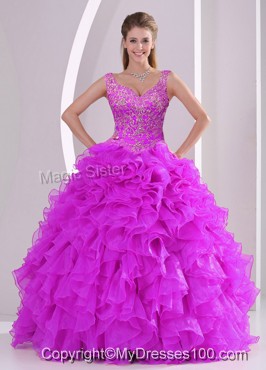 Fashionable Fuchsia Quince Dresses with Beading and Ruffles