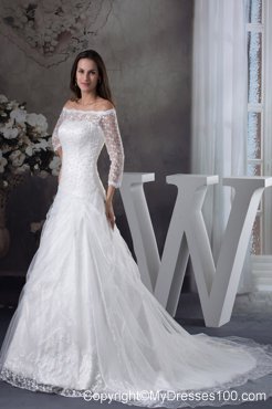 Off-the-shoulder 3 4-Length Sleeve Lace White Wedding Dress