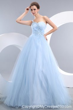Appliques Accent One Shoulder and Waist Long Princess Baby Blue Prom Gown