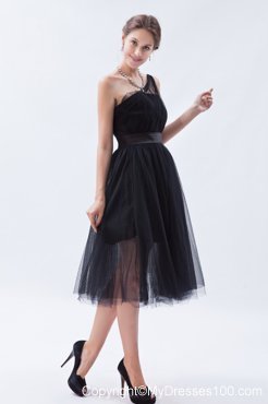 Princess One Shoulder Tea-length Little Black Dress for Cheap