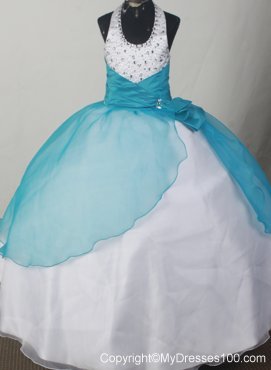 Beaded Decorate Lovely Halter Neckline Teal and White Flower Girl Pageant Dress