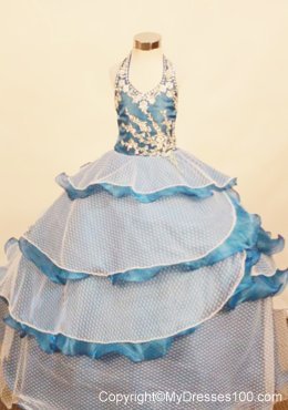 Elegant Ruffled Layered Little Girl Pageant Dress Ball Gown Halter Top Appliques