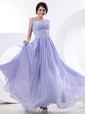 Beaded Decorate Bateau and Waist Lilac Maxi Dresses With Floor-length