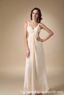 Cheap Champagne Straps Floor-length Beading and Ruching Maxi Dress
