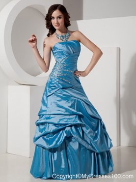 Blue Princess Strapless Prom Evening Dress Beaded