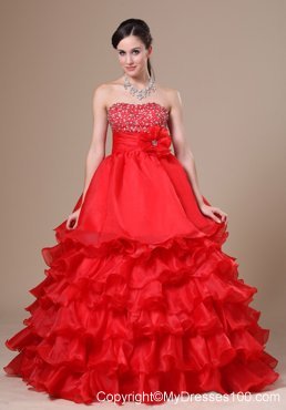 Beaded Decorate Strapless Hand Made Flower Ruffled Layers Red Floor-length 2013 Prom / Evening Dress