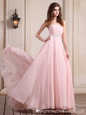 Strapless Baby Pink Brush Train Beaded Chiffon Prom Dress for Party