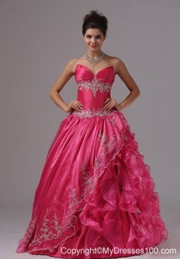 Sweetheart Appliques and Ruffles Accent Ball Gown Prom Dress in Hot Pink