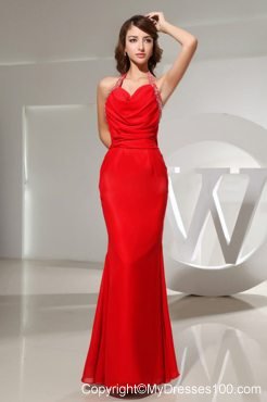 Column Beading Halter Backless Floor-length Prom Dress in Red