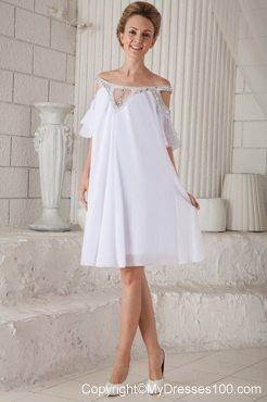 off-The-Shoulder White Chiffon Loose Prom Dress with Beading and Sleeves