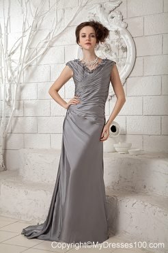 Flowery V-neck Grey Column Prom Dress with Ruches and Brush Train