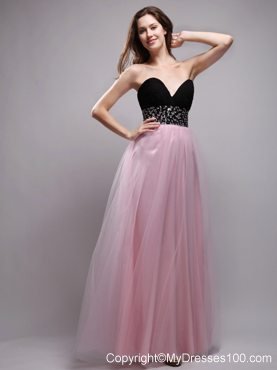 Floor-length Black and Baby Pink Sweetheart Prom Dress with Rhinestones