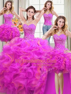 Sophisticated Four Piece Multi-color Lace Up Sweetheart Beading and Ruffles Sweet 16 Dress Organza Sleeveless
