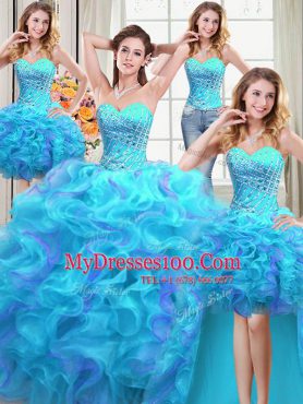 Four Piece Sleeveless Organza Floor Length Lace Up Quinceanera Gown in Multi-color with Beading and Ruffles