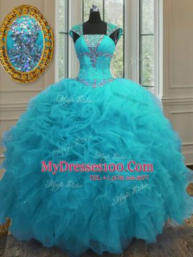 Great Organza Straps Cap Sleeves Lace Up Beading and Ruffles and Sequins Quince Ball Gowns in Aqua Blue