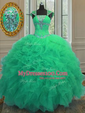 Straps Cap Sleeves Floor Length Lace Up Quinceanera Gown Turquoise for Military Ball and Sweet 16 and Quinceanera with Beading and Ruffles and Sequins
