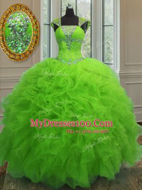 Straps Organza Lace Up 15th Birthday Dress Cap Sleeves Floor Length Beading and Ruffles and Sequins