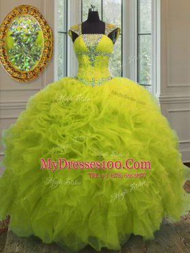 High Quality Yellow Green Straps Neckline Beading and Ruffles and Sequins Quince Ball Gowns Cap Sleeves Lace Up