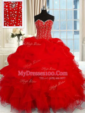 Organza Sweetheart Sleeveless Lace Up Beading and Ruffles Quinceanera Dresses in Wine Red