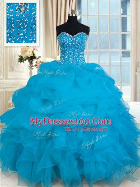 Latest Baby Blue Sweetheart Neckline Beading and Ruffles Sweet 16 Dresses Sleeveless Lace Up