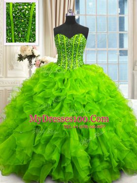 Fancy Organza Lace Up Sweetheart Sleeveless Floor Length Quinceanera Gown Beading and Ruffles and Sequins