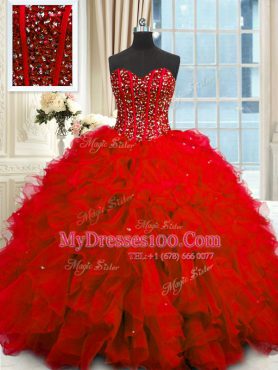Affordable Sleeveless Beading and Ruffles and Sequins Lace Up 15th Birthday Dress