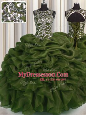 Captivating See Through Olive Green Sleeveless Floor Length Beading and Pick Ups Lace Up Ball Gown Prom Dress