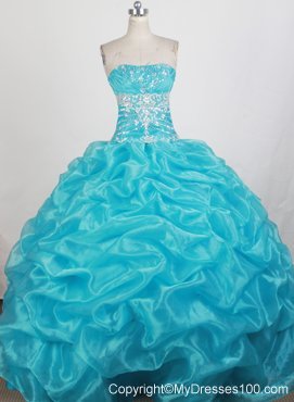 Pretty Puffy Aqua blue Beading Strapless Long 2013 Quinceanera Dresses