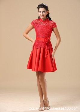 Popular High-neck Red Sash Lace Evening Dress with Cap Sleeves