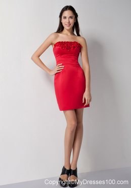 Red Column Strapless Hand Made Flowers Mini-length Prom Dress