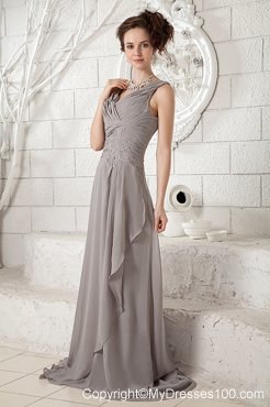 Grey Chiffon V-neck Pron Dress with Brush Train