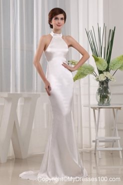 Simple High Neck Mermaid Prom Gowns in White with Brush Train