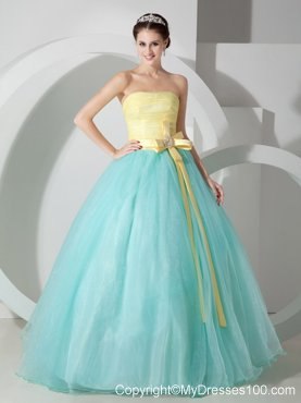 Aqua Blue and Yellow Ball Gown Floor-length Organza Sweet 15 Dress with Sash