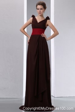 Ruching Brown Column V-neck Red Sash Bridesmaid Dress Brush Train
