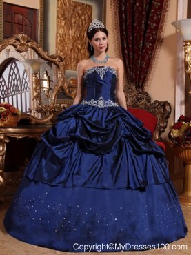 Gorgeous Strapless Navy Blue Taffeta Pick-ups Quinceanera Gown Beaded