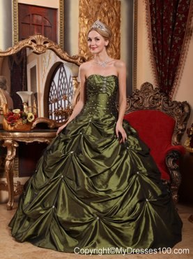 Beaded Olivaceous Ball Gown Quinceanera Dress with Pick-ups