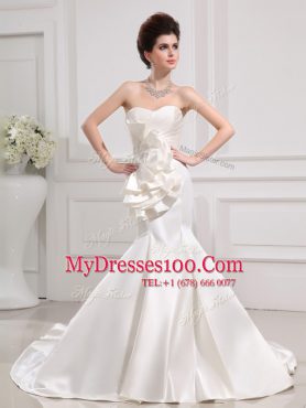 Elegant Mermaid Ruffled White Satin Zipper Wedding Dress Sleeveless With Train Court Train Ruffles and Ruching