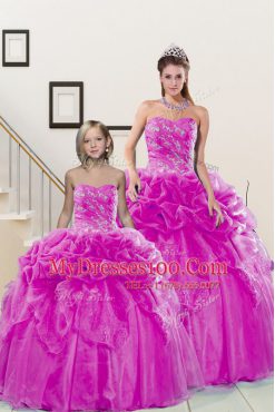 Trendy Organza Sweetheart Sleeveless Lace Up Beading and Pick Ups Quinceanera Dress in Fuchsia