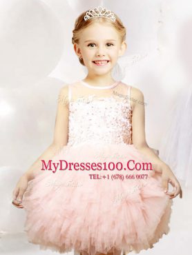 Low Price Baby Pink Scoop Neckline Appliques and Ruffles Flower Girl Dresses for Less Sleeveless Zipper