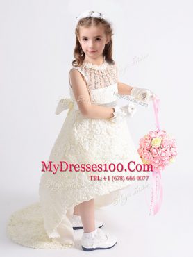 Discount A-line Flower Girl Dresses White Scoop Fabric With Rolling Flowers Sleeveless High Low Zipper