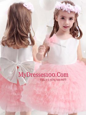 Popular Scoop Sleeveless Knee Length Ruffled Layers and Bowknot and Hand Made Flower Side Zipper Flower Girl Dresses for Less with Pink And White