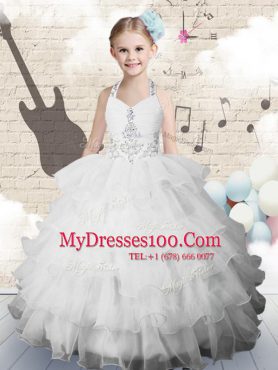 Halter Top White Sleeveless Floor Length Beading and Ruffled Layers Lace Up Pageant Gowns For Girls