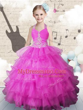 Ruffled Halter Top Sleeveless Lace Up Little Girl Pageant Gowns Fuchsia Organza